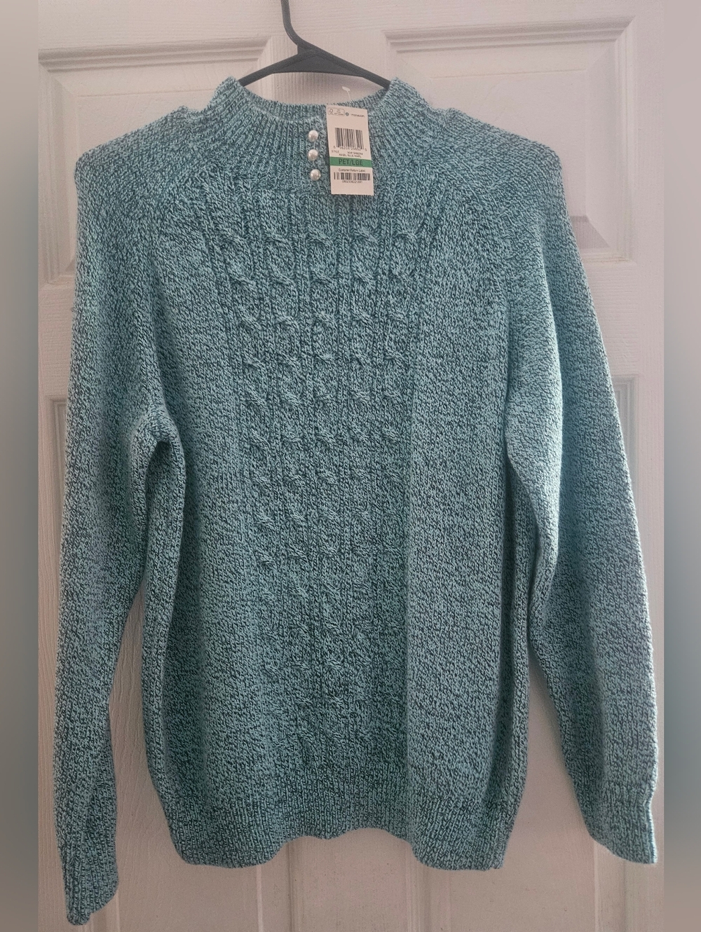 Karen Scott Teal Mock Neck Sweater with Pearl Buttons